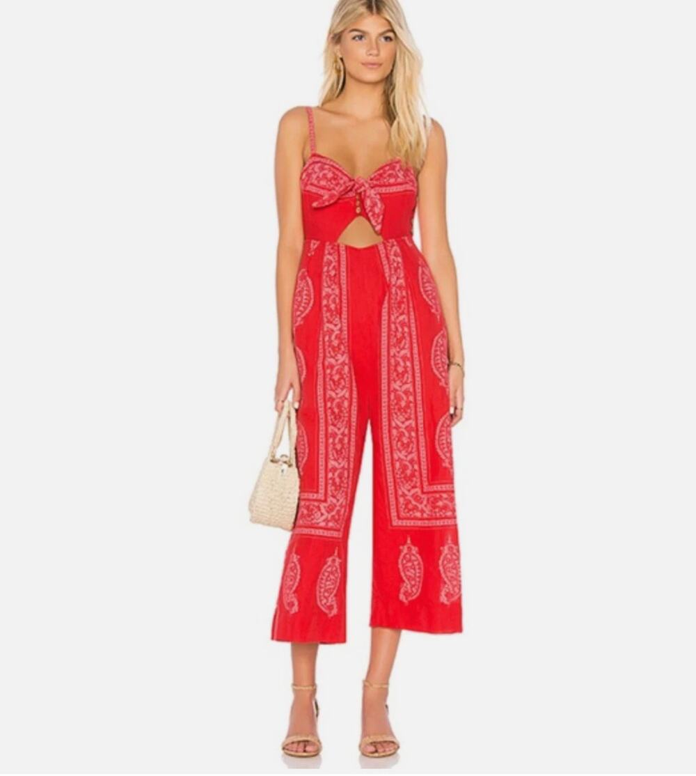 Free People Womens 0 Red Pink Feel The Sun Paisley Linen Blend Cropped Jumpsuit